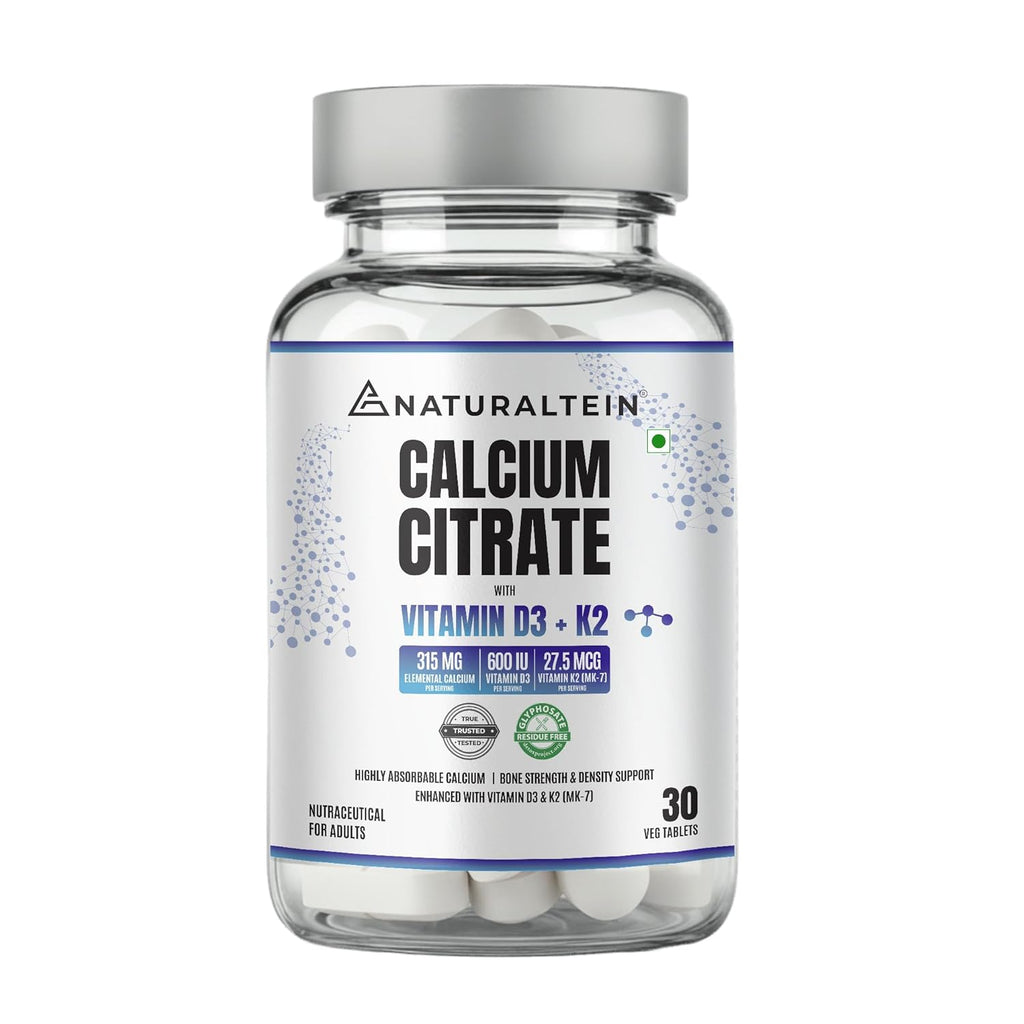 NATURALTEIN Calcium Citrate with Vitamin D3 & K2 MK-7 | High Absorption Bone & Joint Support | Helps Calcium Utilization, Muscle Strength & Immunity | Vegan, Non-GMO | 30 Tablets