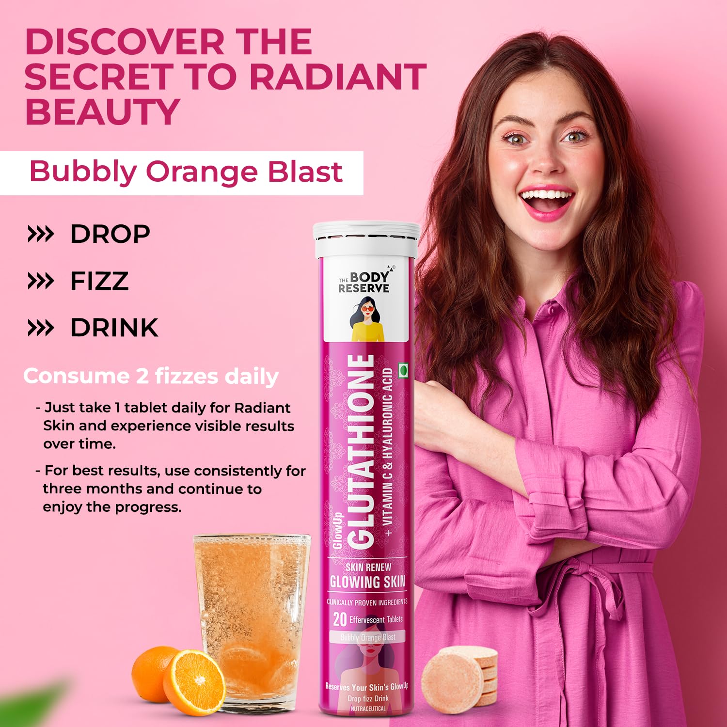 The Body Reserve Glutathione Tablets for Skin Whitening & Skin Glow, 500mg L-Glutathione with Vitamin C & Hyaluronic Acid, Antioxidant Glutathione Supplements, Orange Flavour, 20 Tablets