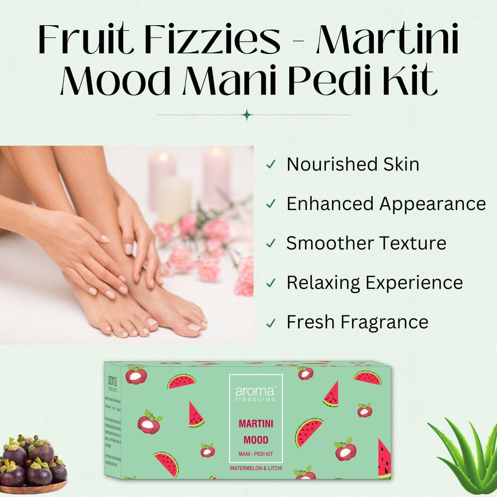 Aroma Treasures Martini Mood Mani-Pedi Kit | Watermelon & Litchi | Hydrating Spa Kit for Soft, Supple Hands & Feet | 6-Step Manicure Pedicure Kit with Bath Fizz, Scrub, Body Butter & Masque