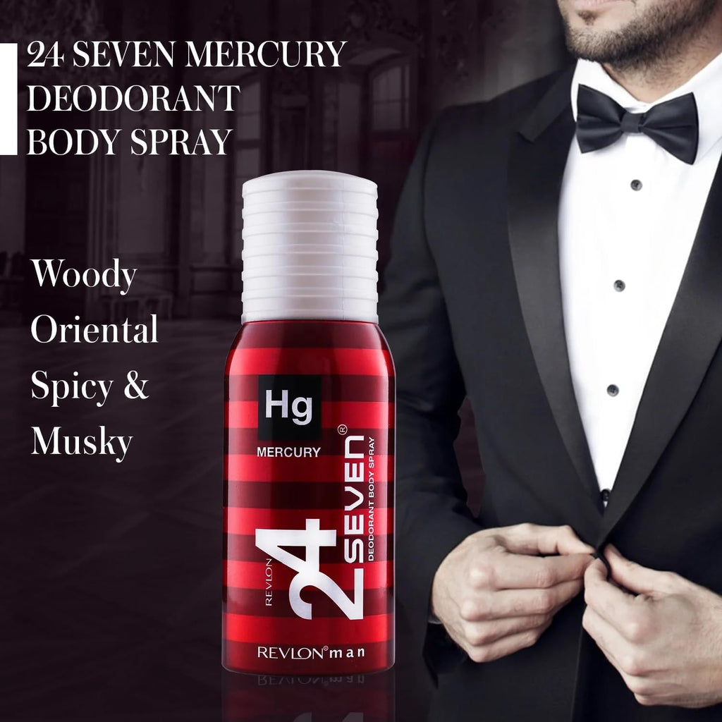 Revlon 24 Seven Deodorant Body Spray for Men, 130ml - Mercury