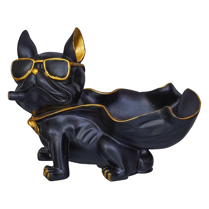 Ecraftindia Black Bull Dog Statue in Glasses With Cape Serving Tray Animal Figurine for Home Table Decor Showpiece