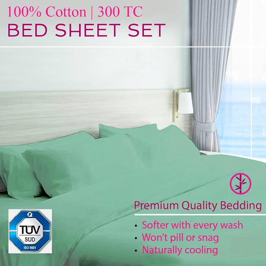 Trance Home Linen Premium 300 TC Pure 100% Cotton King Fitted Bedsheet with 2 Pillow Printed Covers Colour Olive