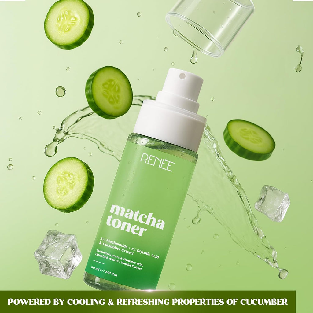 RENEE 3% Niacinamide & Cucumber Extract Matcha Face Toner | Alcohol-Free Toner For Dry, Oily- Acne Prone, Combination, Sensitive Skin | Pore Minimizing, Hydrating, Fades Blemishes | 60 ml