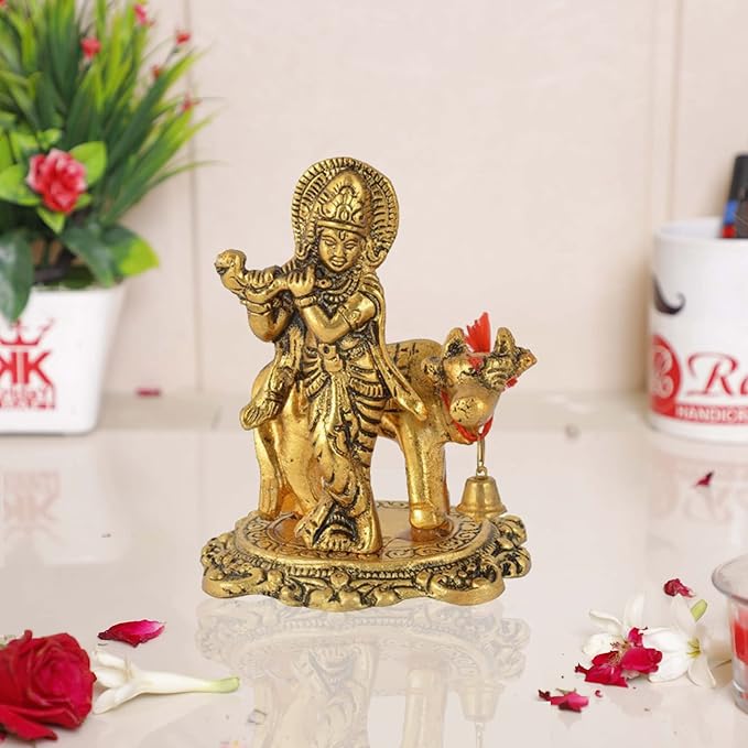 Prince Home Decor & Gifts Metal Kamdhenu Cow with Krishna Statue Colour Gold