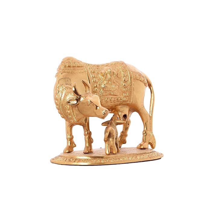 Ecraftindia Golden Kamdhenu Cow and Calf Metal Figurine