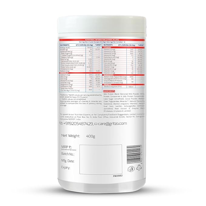 Gritzo Supermilk Weight+ (13+y Boys) 10g Protein Powder Double Chocolate - 400 gms