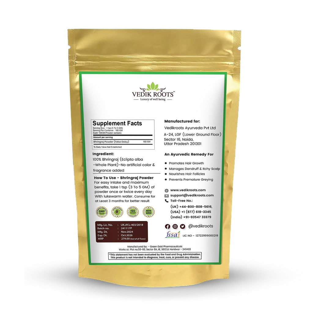 Bhringraj Powder - The Ayurvedic Solution For Stronger Hair And Healthier Scalp, Natural And Pure 100Gm (Pack of 1)