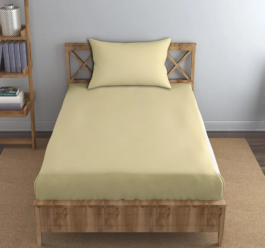 Trance Home Linen Premium 300 TC Pure 100% Cotton Single Size Fitted Bedsheet with 1 Pillow Cover Colour Beige