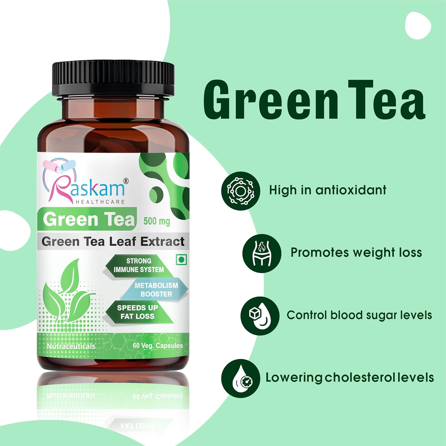 Green Tea 500 mg Leaf Extract 60 Veg Capsules, Boosts Metabolism, Helps in Fat Loss