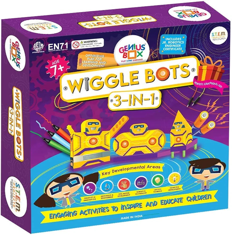 Genius Box Play Some Learning Genius Box Educational Toy Play Some Learning 3 in 1 Activity S.T.E.M Learning Kit for Children Age 7+ Wiggle Bot Activity Kit Multicolor