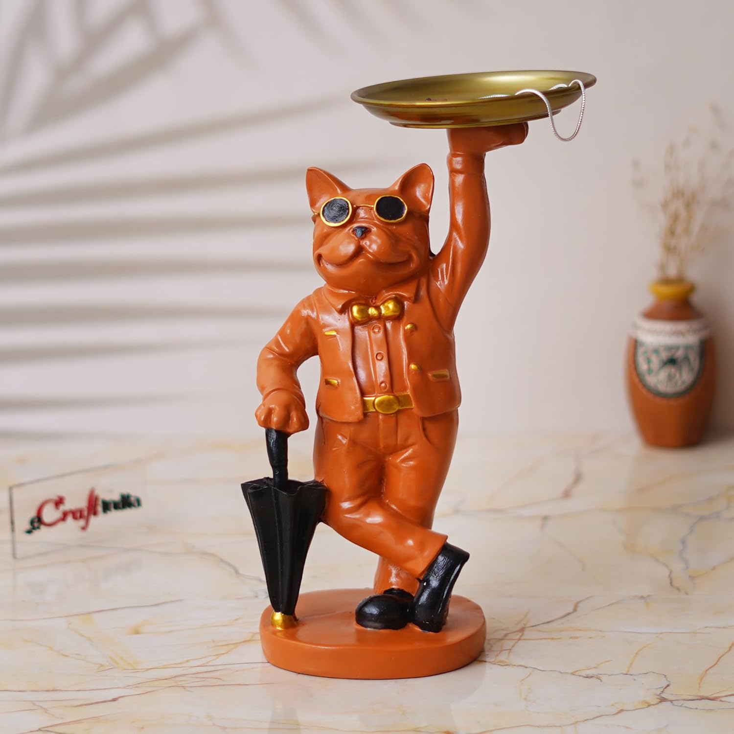Ecraftindia Orange Bulldog Statue in Glasses Holding Black Umbrella and Tray in Hands Table Top Decorative Showpiece