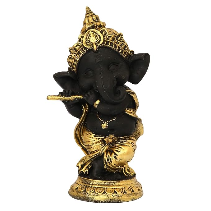 Ecraftindia Golden and Black Polyresin Lord Ganesha Idol Playing Flute Musical Instrument Decorative Showpiece