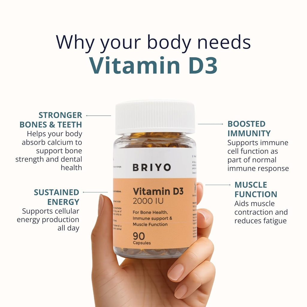 Briyo Vitamin D3 2000 IU - 90 Softgels - For Bone Health, Muscle Function and Immune Support Healthy Bone Function Strong Muscles Boost Immune System for Men/Women
