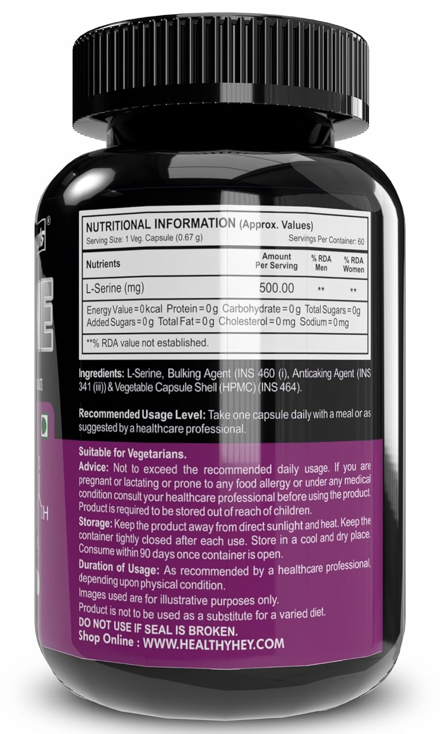 HealthyHey Sports L-Serine - 500mg/Serving - 60 Vegetable Capsules