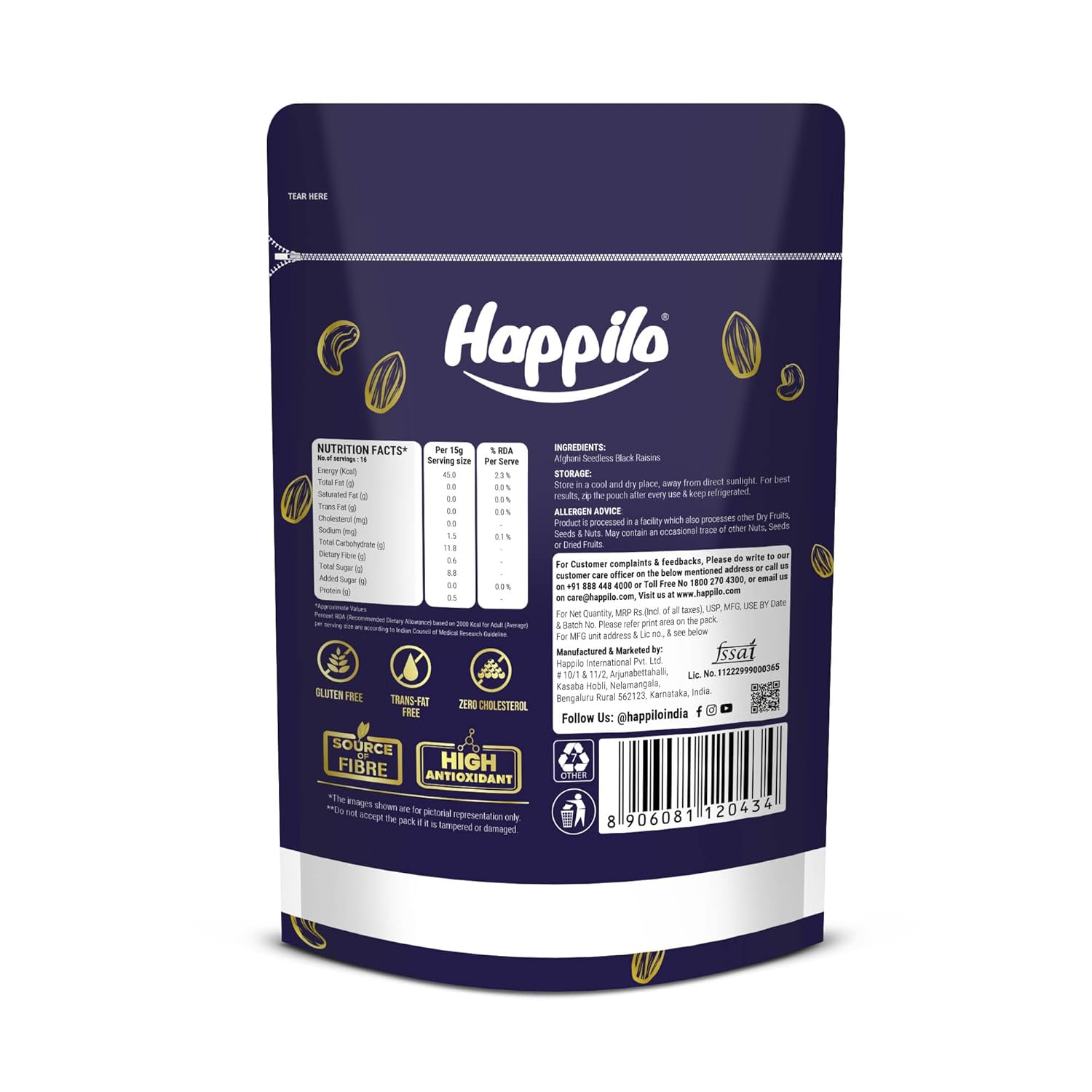 Happilo Premium Afghani Black Raisins Seedless 250g | Kali Kishmish/Kismis | Dry Fruits, Healthy Snacks | Rich in Fiber, Potassium & Antioxidants | Tasty & Nutritious