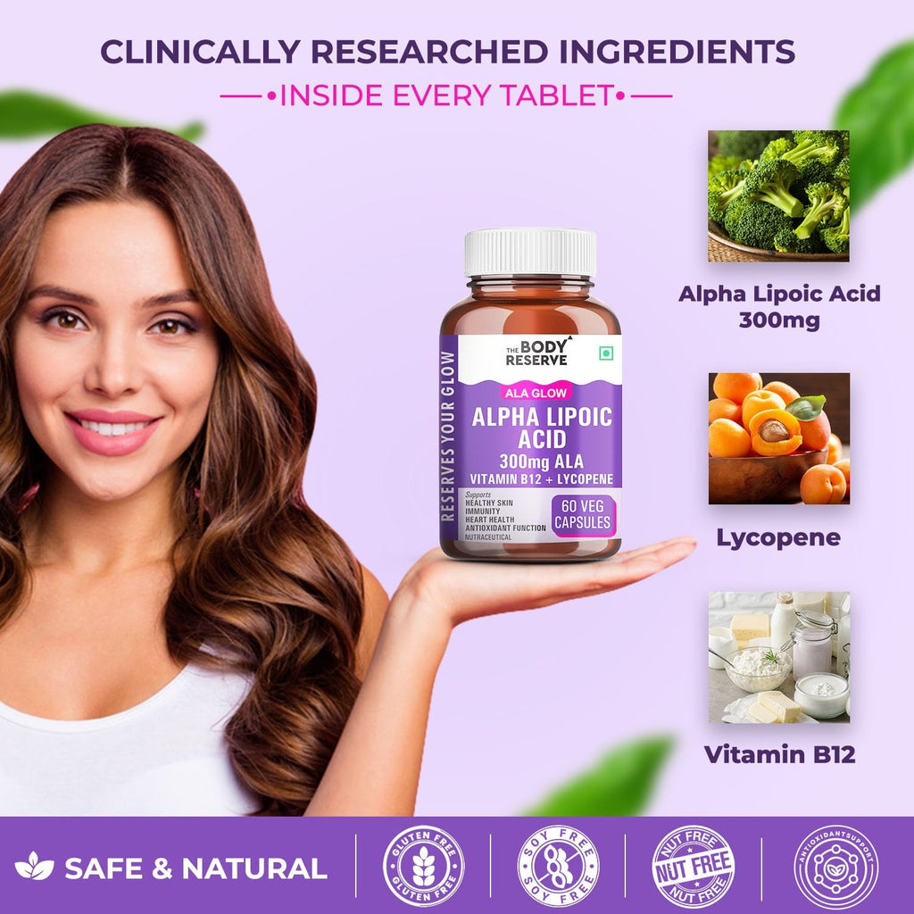 The Body Reserve Alpha Lipoic Acid 300mg with Lycopene & Vitamin B12 | Nerve Health, Energy, Antioxidant & Healthy Blood Sugar Support | Vegan, Non-GMO, 60 Tablets