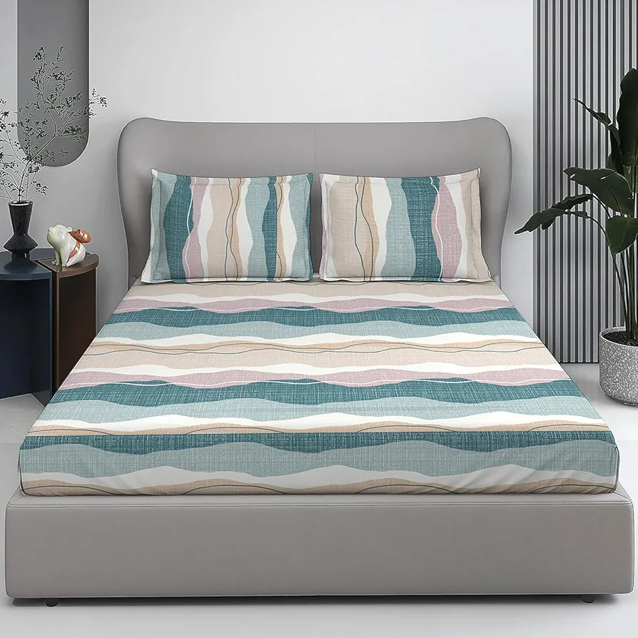Layers Firenze Floret Cotton Bedsheet Set for All Seasons Lightweight 146 TC King Size Grey Waves