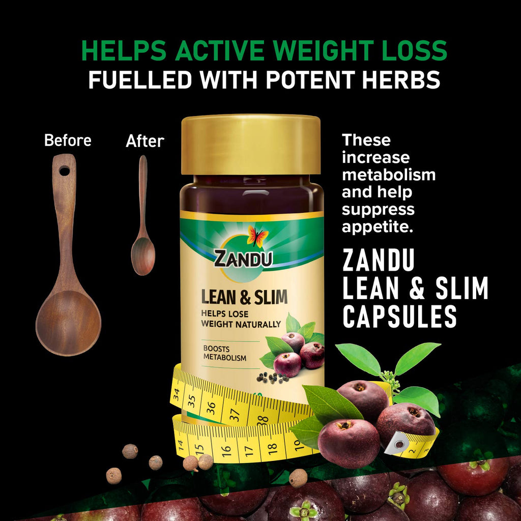 Zandu Lean & Slim Capsules Enriched with the Goodness of 6 Herbs to Help You in Weight Loss Journey, Acts as a Metabolism Booster And Supports Weight Management, Pack of 60 Veg Capsules