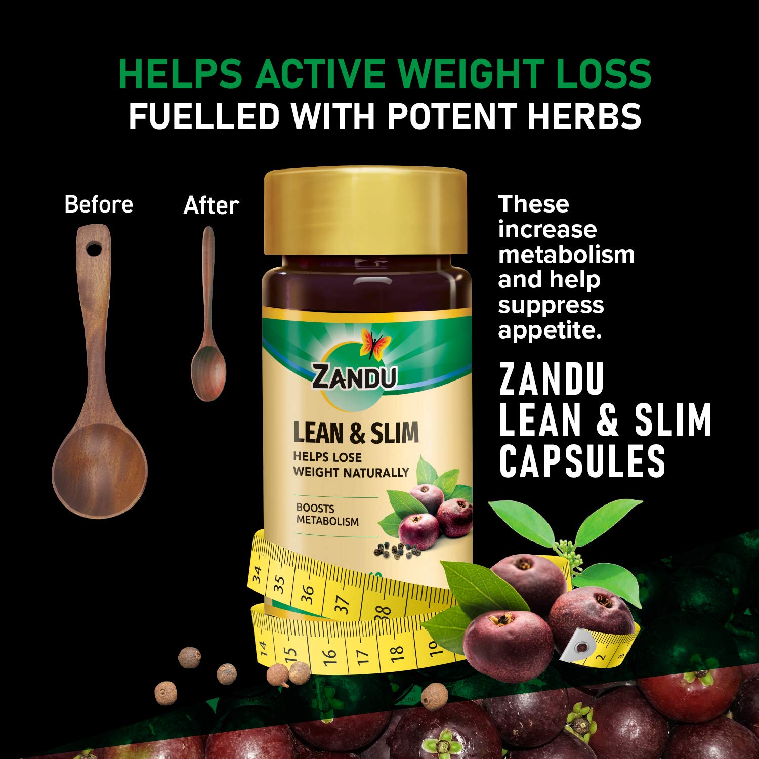 Zandu Lean & Slim Capsules Enriched with the Goodness of 6 Herbs to Help You in Weight Loss Journey, Acts as a Metabolism Booster And Supports Weight Management, Pack of 60 Veg Capsules