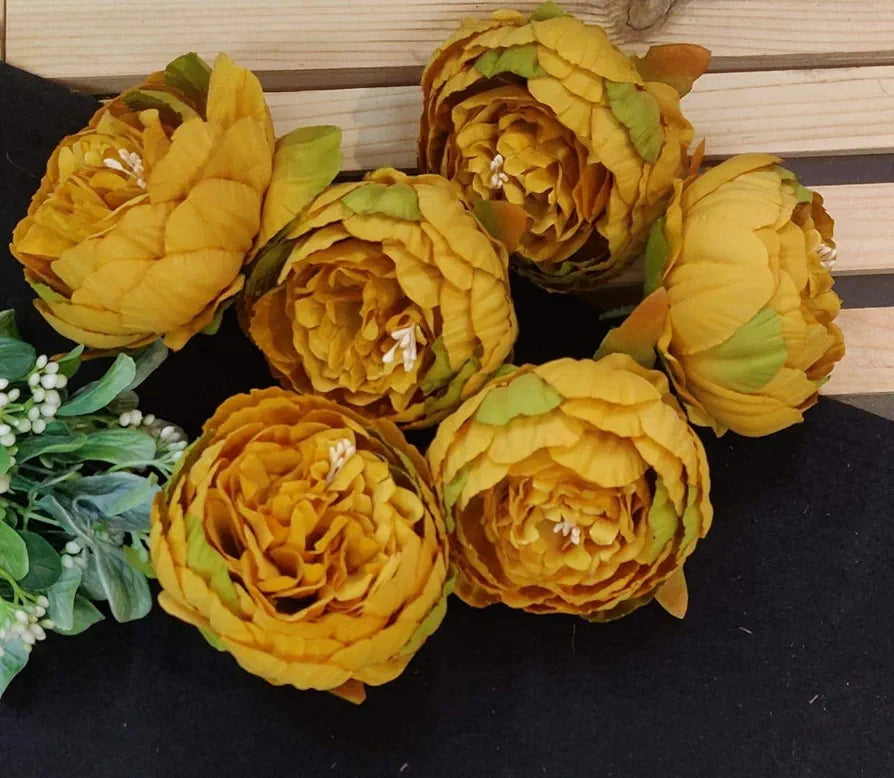 6 Pcs Artificial Fabric Rose Flower Heads Handmade Peony Style Flowers Yellow