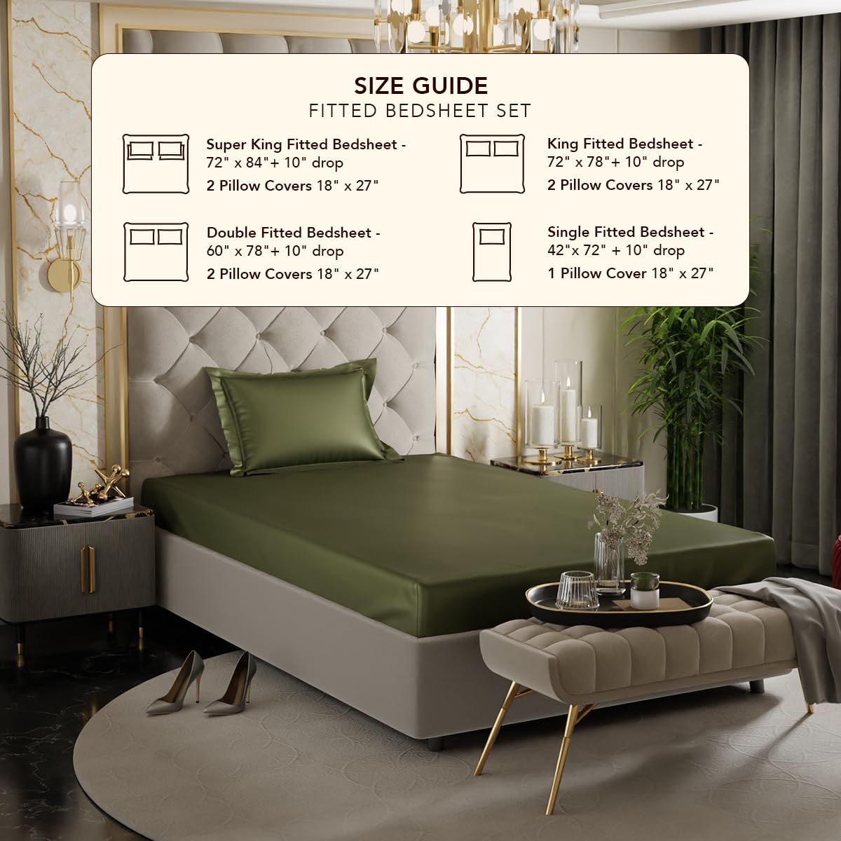 Stoa Paris Satin Elastic Fitted Bedsheets for Single Bed 300TC Premium 1 Pillow Cover Colour Olive Oasis