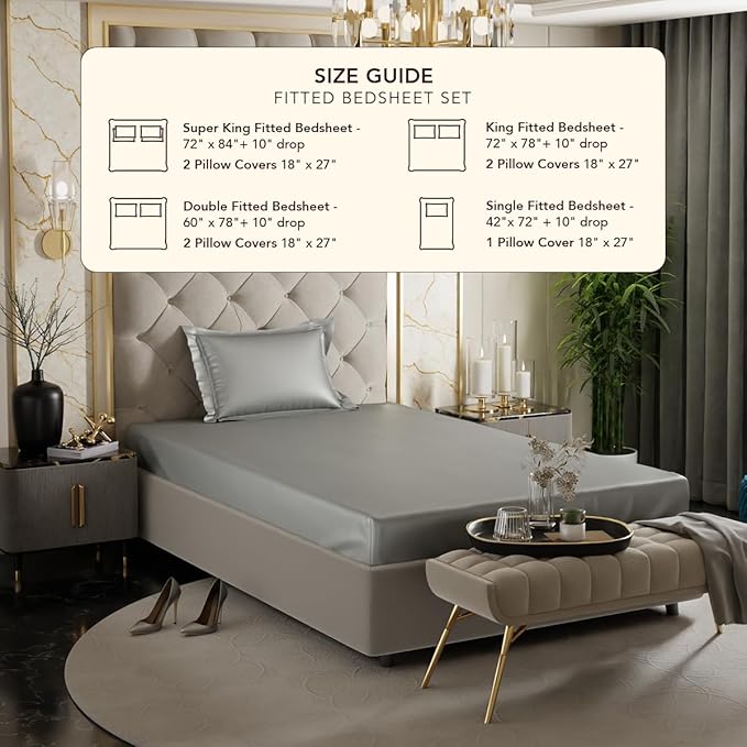 Stoa Paris Satin Elastic Fitted Bedsheets for Single Bed 300TC Premium 1 Pillow Cover Colour Harbour Mist Grey