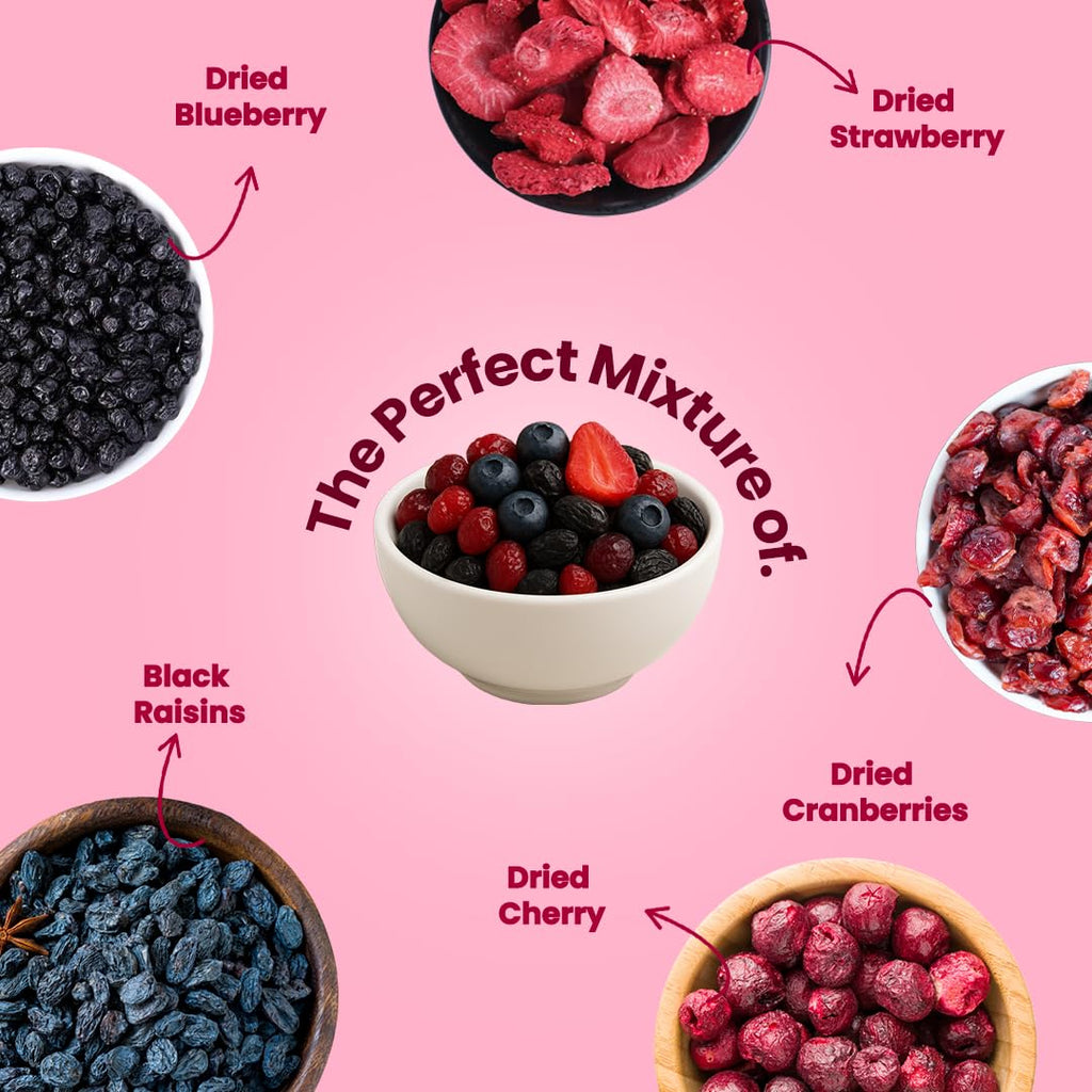 Livyor 5 in 1 Berry Mix for eating - 400 gm | Good Source of Fibre | Dried Cranberries | Black Raisins | Cherries | Blueberries | Strawberries | Berry Blast | Berries dry fruits | Berries fresh | (Pack of 1)