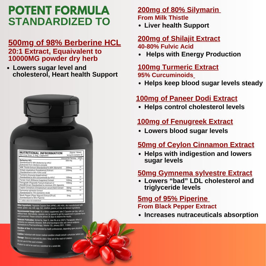 GREENDORSE Berberine HCl 98% - 8 IN 1 GDA Formulation- With Milk Thistle, Gymnema Slyvestre, Ceylon Cinnamon, Indian Rennet (Paneer Dodi), Turmeric, Shilajit, Fenugreek etc | Support Blood Sugar, Liver, Lower Cholesterol, PCOS supplement- 60 Veg Capsules