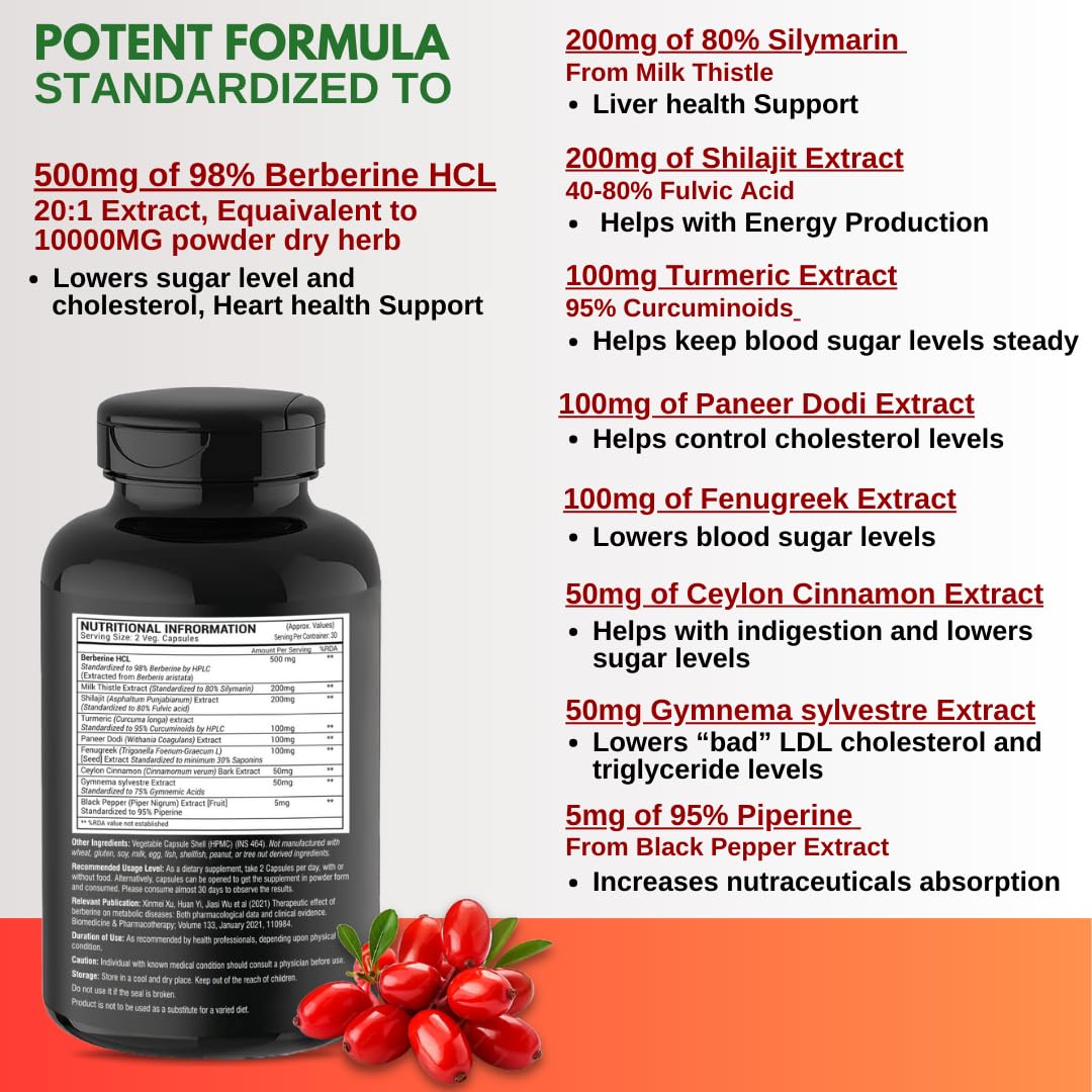 GREENDORSE Berberine HCl 98% - 8 IN 1 GDA Formulation- With Milk Thistle, Gymnema Slyvestre, Ceylon Cinnamon, Indian Rennet (Paneer Dodi), Turmeric, Shilajit, Fenugreek etc | Support Blood Sugar, Liver, Lower Cholesterol, PCOS supplement- 60 Veg Capsules