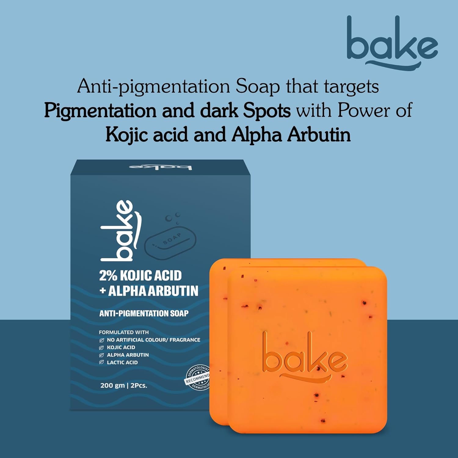BAKE 2% Kojic Acid Scrub Treatment Soap (200 Gms, 2 Pcs) for Pigmentation, Dark Spots & Tan Removal | Brightens Underarms, Knees & Elbows | With Alpha Arbutin, Niacinamide & MelasaRxâ„¢ Complex | For Men & Women - 100g x 2