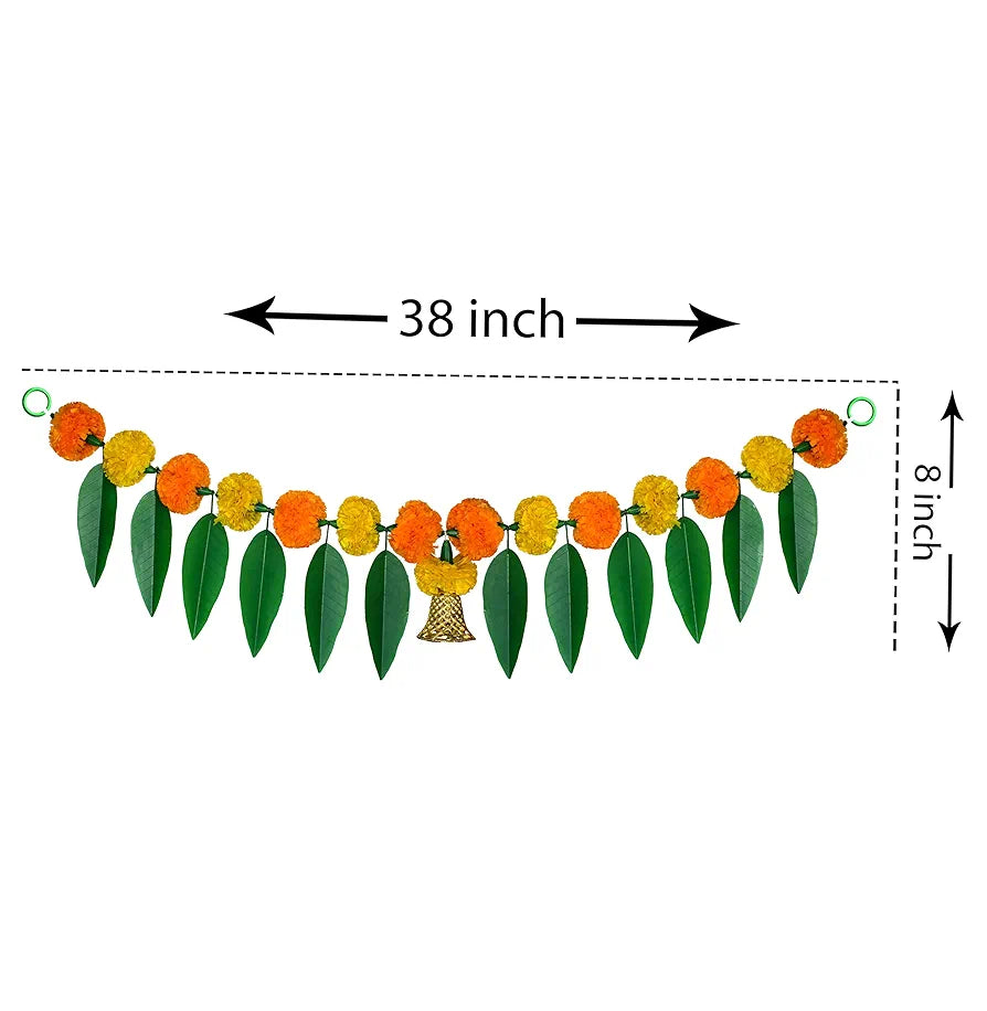 Artificial Marigold Bandanwar Pack of 4 with Mango Leaves and Bells 40 Inch Yellow and Mango