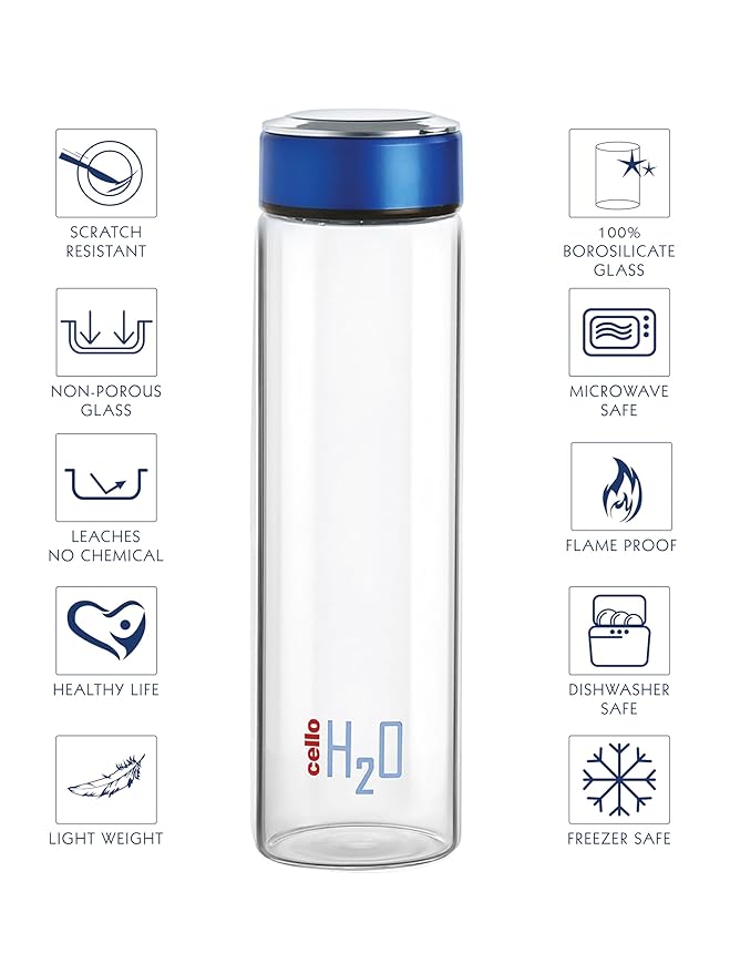 Cello H2o Borosilicate Glass Water Bottle | 600 ml | Blue