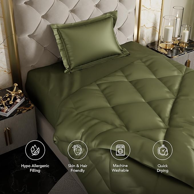 Stoa Paris Satin Comforter Double Bed with 300 TC 1 Pillow Covers Colour Olive Oasis