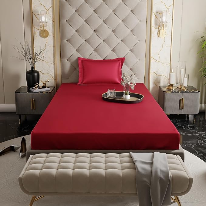 Stoa Paris Satin Elastic Fitted Bedsheets for Single Bed 300TC Premium 1 Pillow Cover Colour Flirty Red