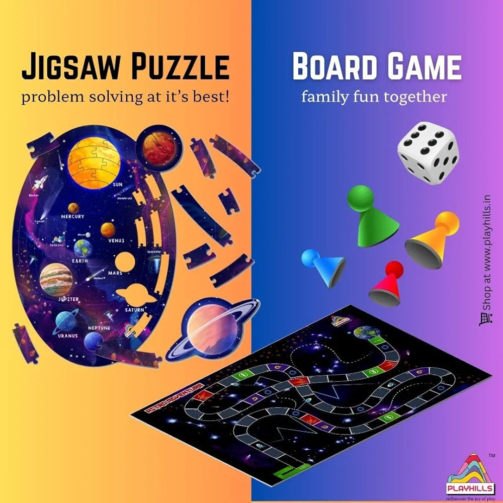 Playhills 2-in-1 Solar System Puzzle and Board Game for Kids 108 Pcs Educational Jigsaw with Astro Adventure Play Fun Learning Gift for Boys and Girls