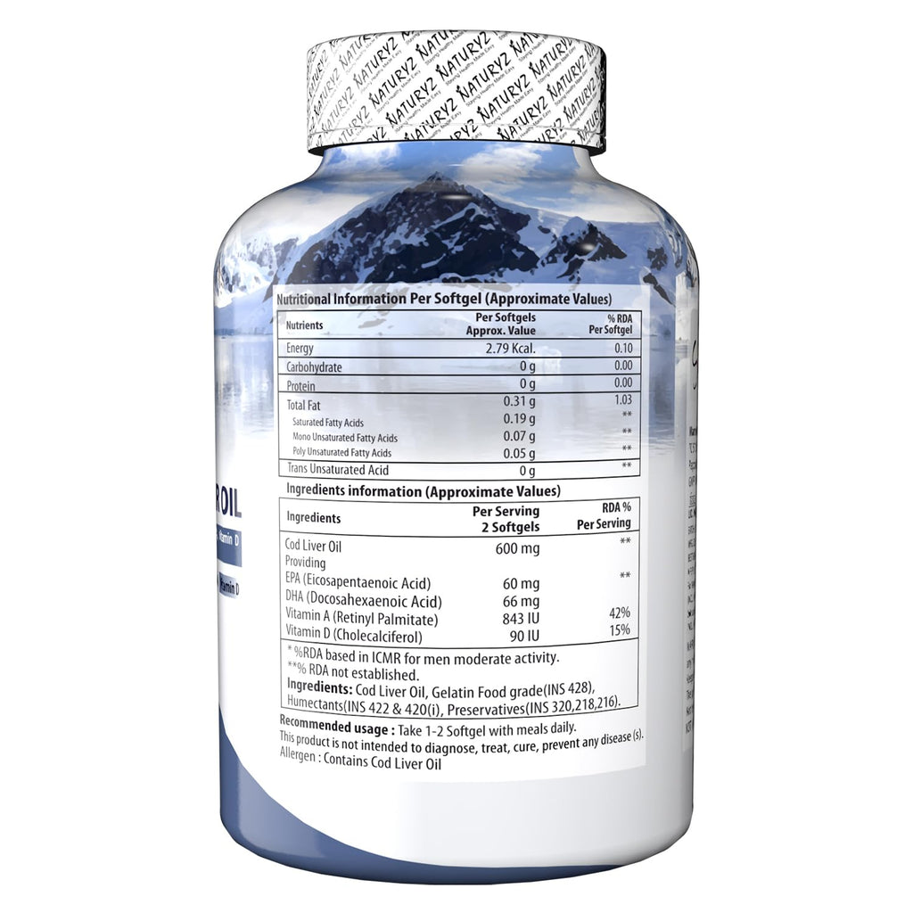 Naturyz Imported Icelandic COD Liver Oil Capsules with Natural Omega 3 (EPA & DHA), Rich in Vitamin D & A, Mercury Free, Immunity, Skin, Eye, Muscle & Joint Health Softgels, 100 Count, Pack of 1