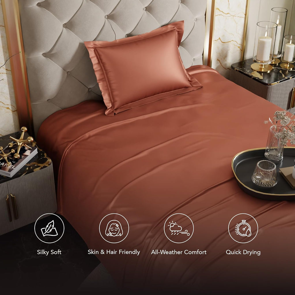 Stoa Paris Satin Bedsheets for Single Bed 300TC Premium Bedsheet with 1 Pillow Cover Colour Melted Caramel