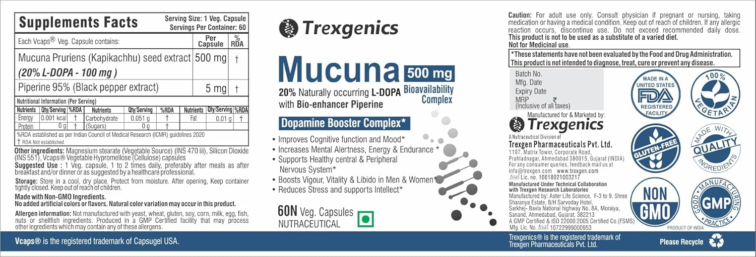 Trexgenics MUCUNA (20% L-Dopa) Pruriens (Kapikachhu) 500mg with Bio-enhancer Piperine 5mg Dopamine Booster Complex, Brain function, Nervous System (60 Vcaps) (1)