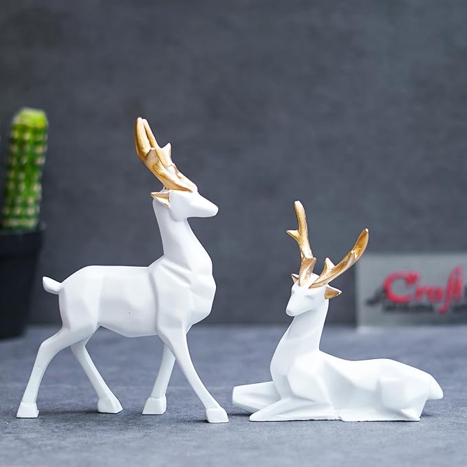 Ecraftindia Set of 2 Golden & White Reindeer Statues Animal Figurines Decorative Showpieces