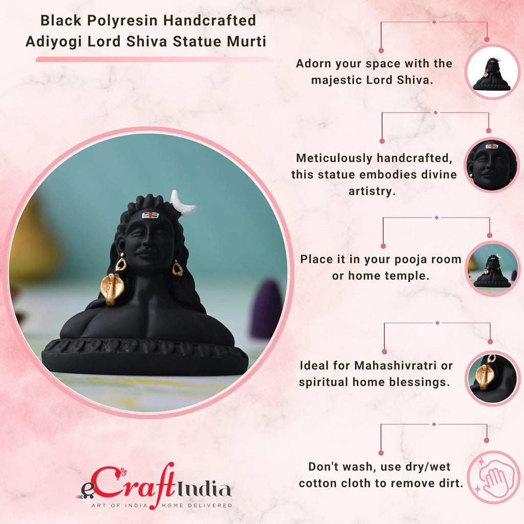 Ecraftindia Black Resin Adiyogi Shiva Statue for Car Dashboard | Lord Shiva Idol for Home | Shiv Murti | Adiyogi Mahadev Statue