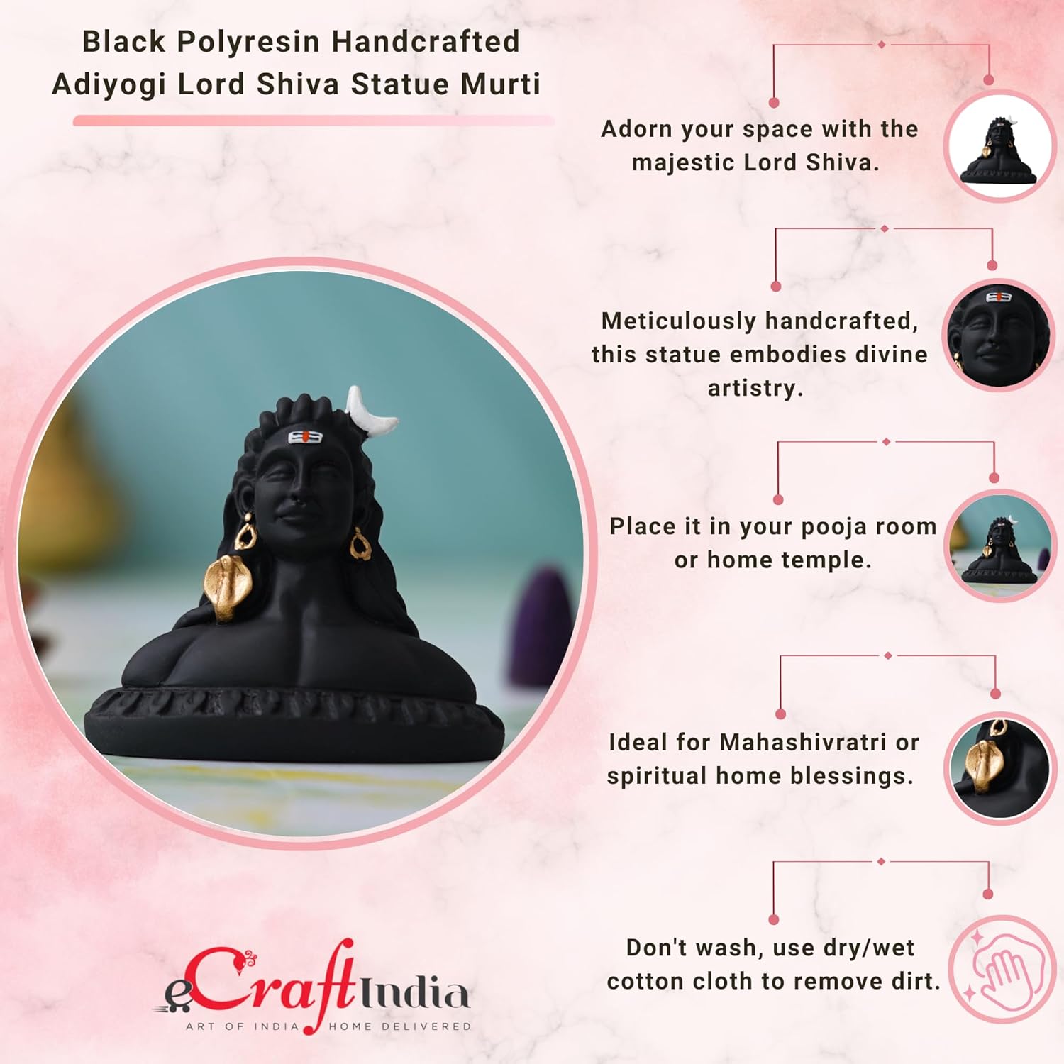 Ecraftindia Black Resin Adiyogi Shiva Statue for Car Dashboard | Lord Shiva Idol for Home | Shiv Murti | Adiyogi Mahadev Statue