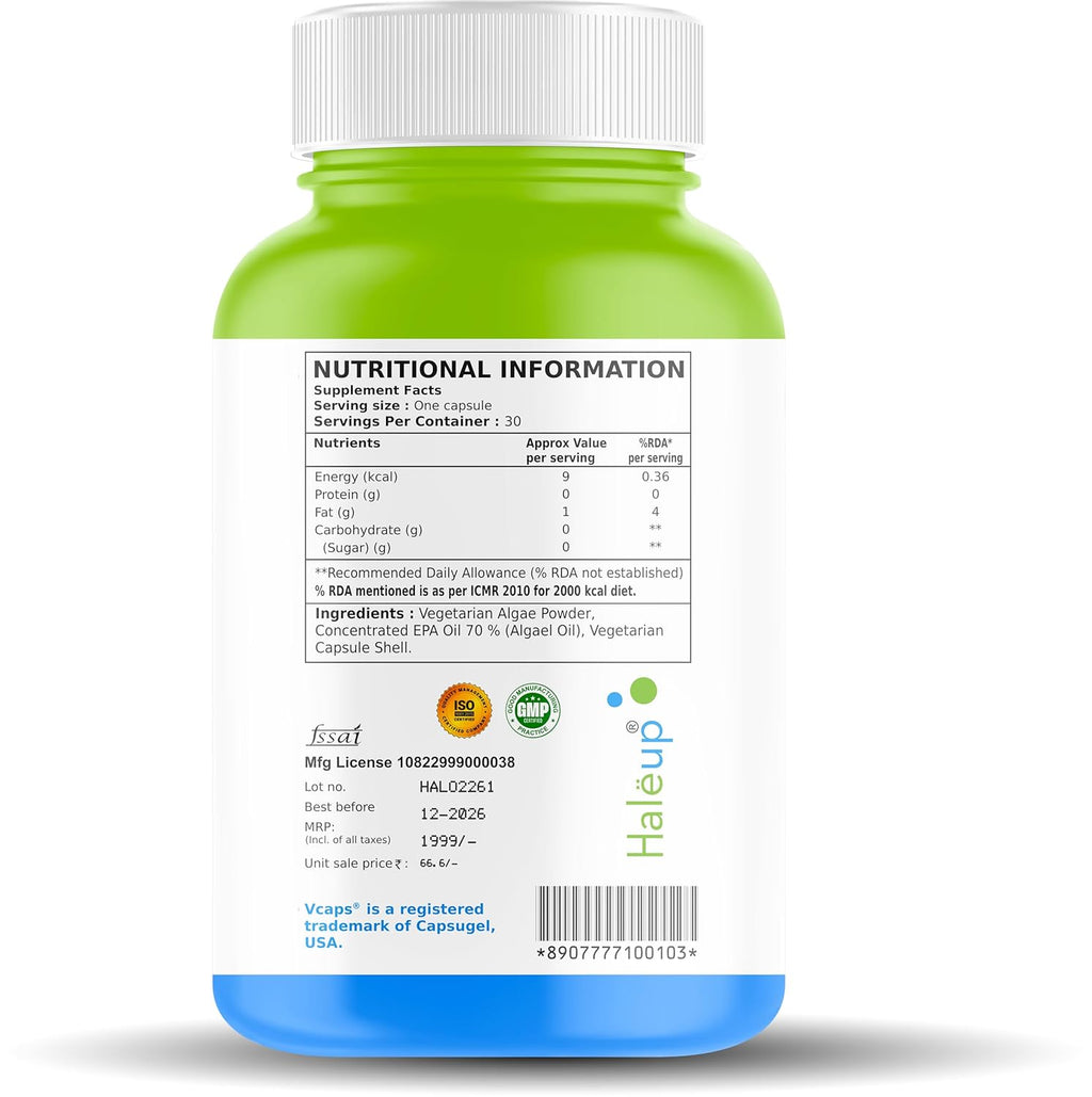 Haleup Vegan Omega-3 Capsules 500 mg, Enriched with Vegan DHA/EPA || Researched in USA || Healthy Heart || Brain|| Immunity