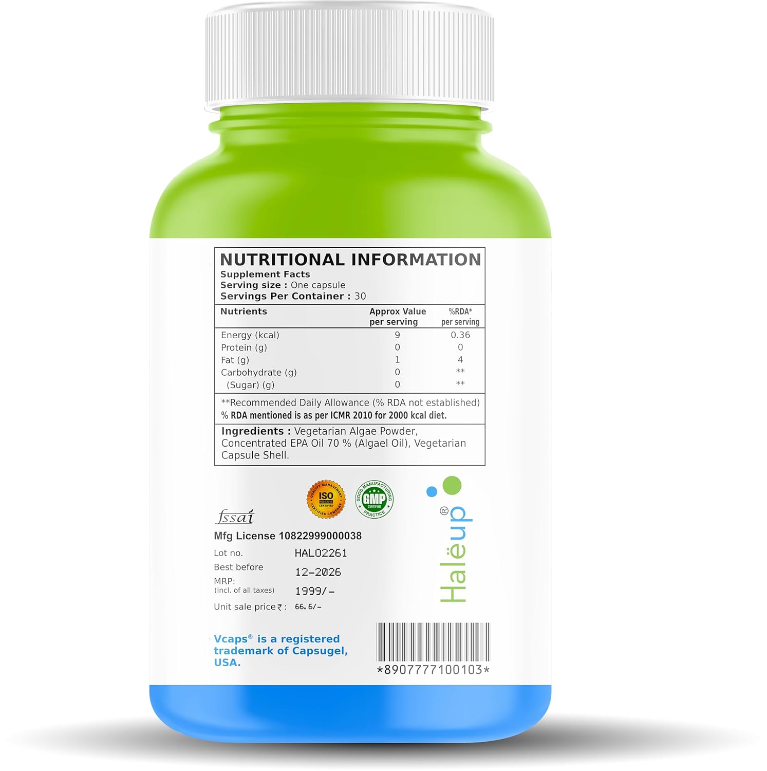 Haleup Vegan Omega-3 Capsules 500 mg, Enriched with Vegan DHA/EPA || Researched in USA || Healthy Heart || Brain|| Immunity