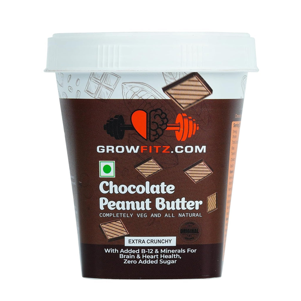 Growfitz Peanut Butter Chocolate Crunchy 200g | 24g High Protein Peanut Butter | 7g Fiber | Tasty & Healthy Nut Butter Spread for Breakfast | Roasted Peanuts | Zero Sugar (Pack of 1)