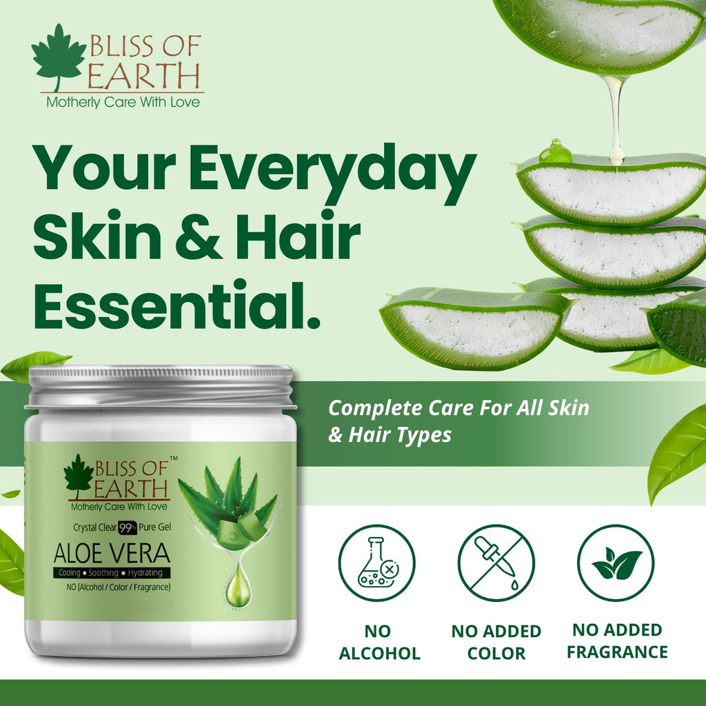 Bliss of Earth Aloe Vera Gel Pure Crystal Clear | Best For Face, Body & Hair | Effective Cooling, Soothing & Hydrating | Colour and Fragrance free Alcohol and Paraben Free | 200GM