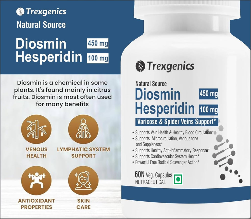 Trexgenics DIOSMIN 450mg, HESPERIDIN 100 mg Natural Source, Varicose, Spider Veins & Restless Leg Syndrome Support (60 Veg Capsules) (Pack of 1)
