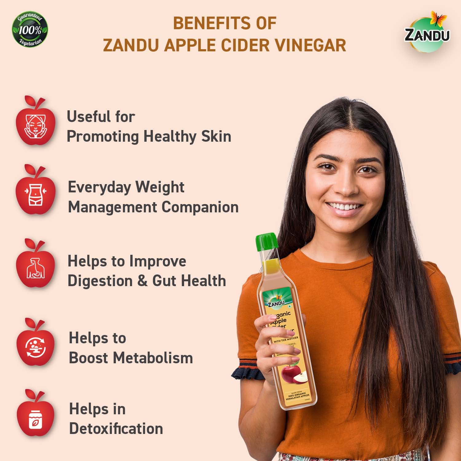 Zandu Organic Apple Cider Vinegar with Mother | Scientifically Tested | Raw, Unfiltered, Unpasteurized | Supports Healthy Weight & Digestion | 100% Organic Apples | 500ml