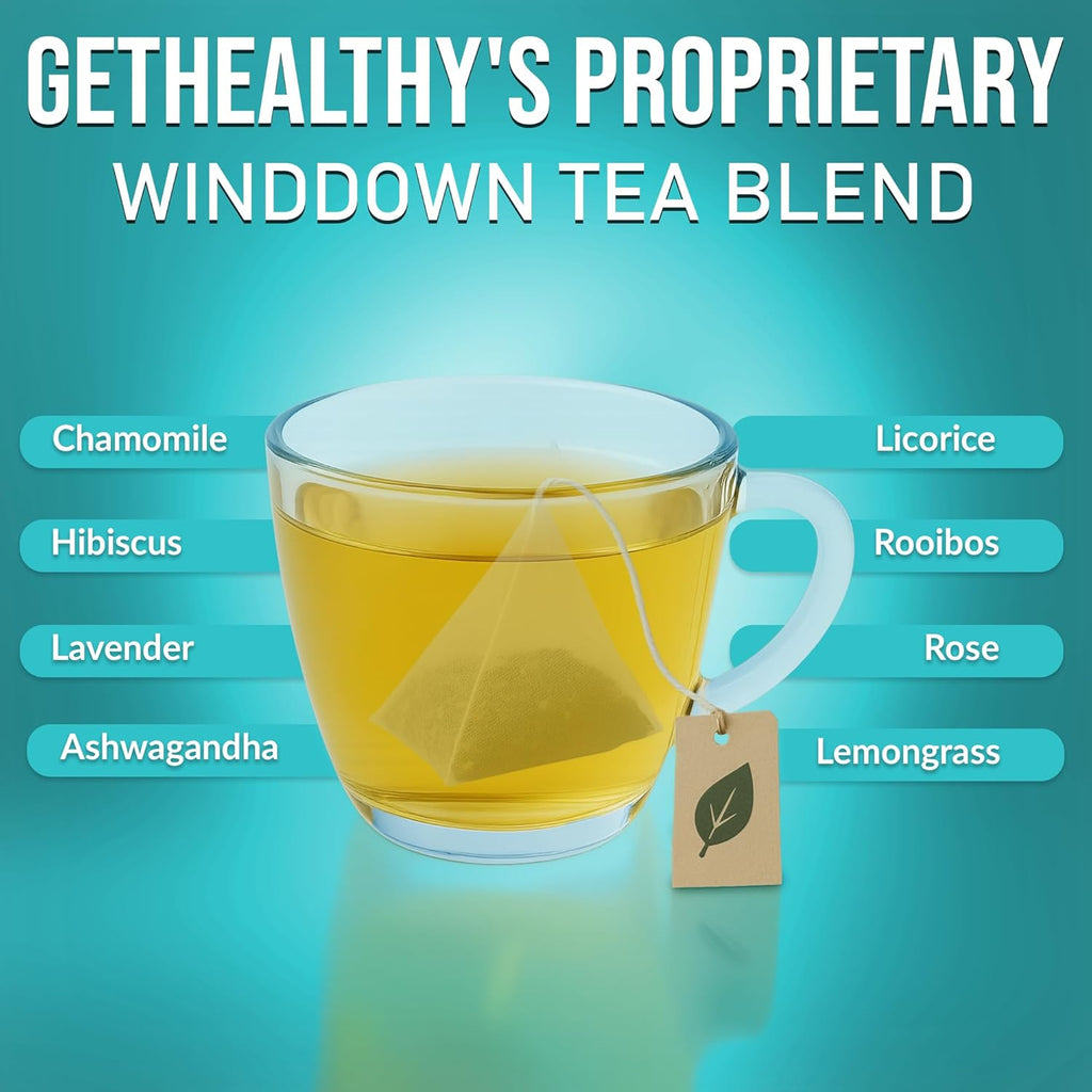 GetHealthy® WindDown Tea™ for Sleep | Caffeine Free Bedtime Herbal Blend with Chamomile, Ashwagandha & Lavender | Relaxing Sleep Tea for Nighttime Calm | Premium Chamomile Tea Bags | 25 Pyramid Bags