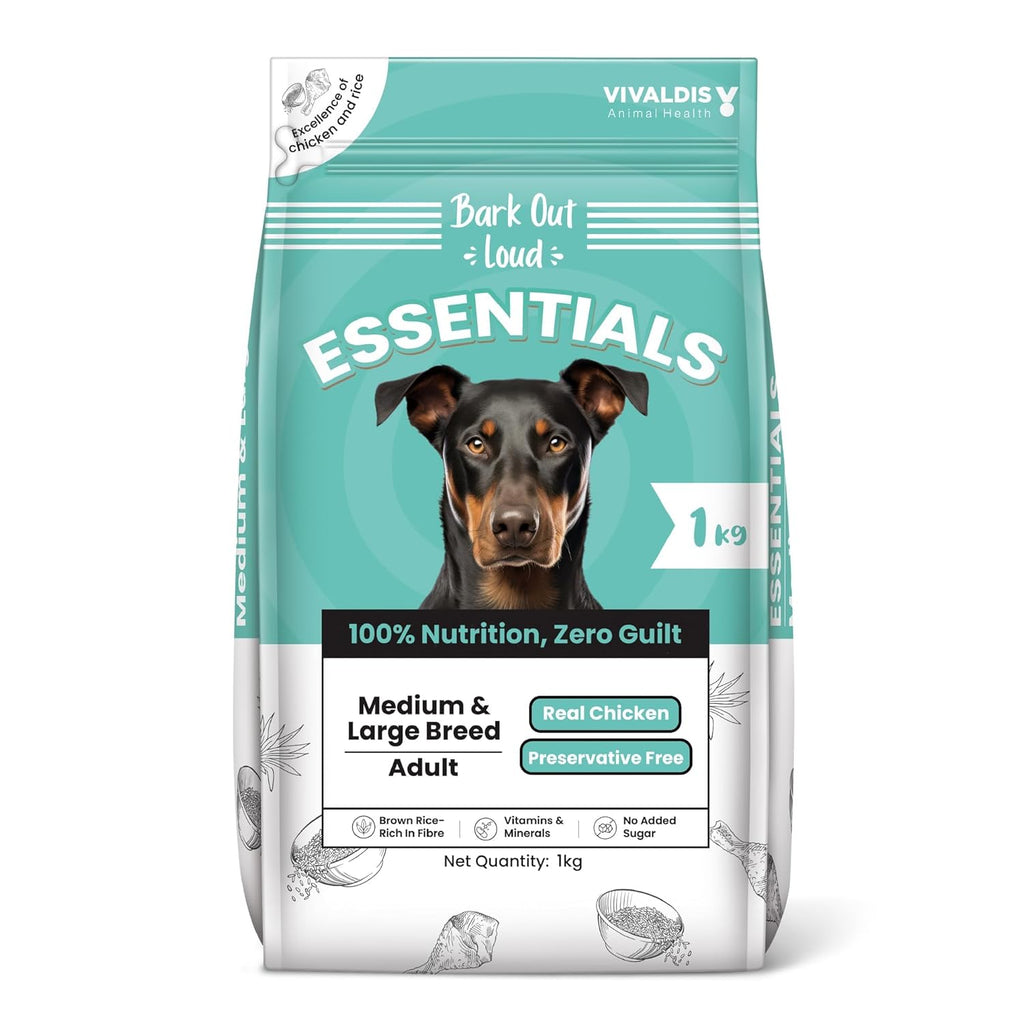 BARK OUT LOUD Essentials Adult Dog Food for Medium & Large Breed | Real Chicken & Egg | Gluten-Free, Prebiotics & Fish Oil for Immunity | Dry Dog Food for Labrador, Retriever, Husky – 1Kg | Gluten Free, Prebiotics, Fish Oil for Immunity