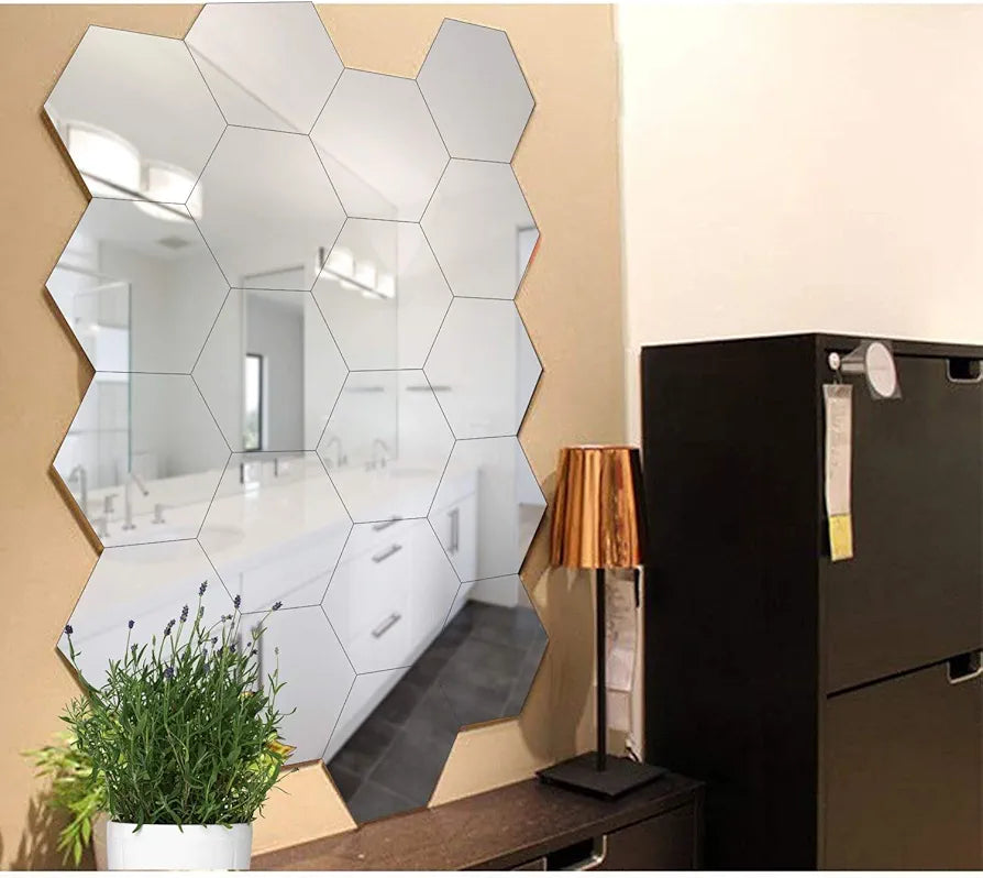 Bikri Kendra 20 Hexagon Butterfly Silver Stickers for Wall Mirror Stickers 3D Acrylic Stickers Hexagon Wall Stickers